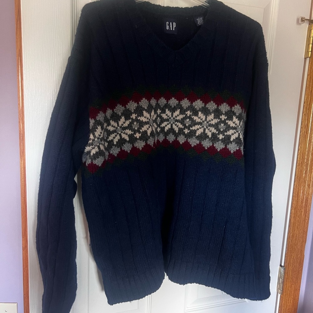 GAP Shetland Wool V-Neck Sweater in Blue and Red‎ Pattern Men's Large EUC